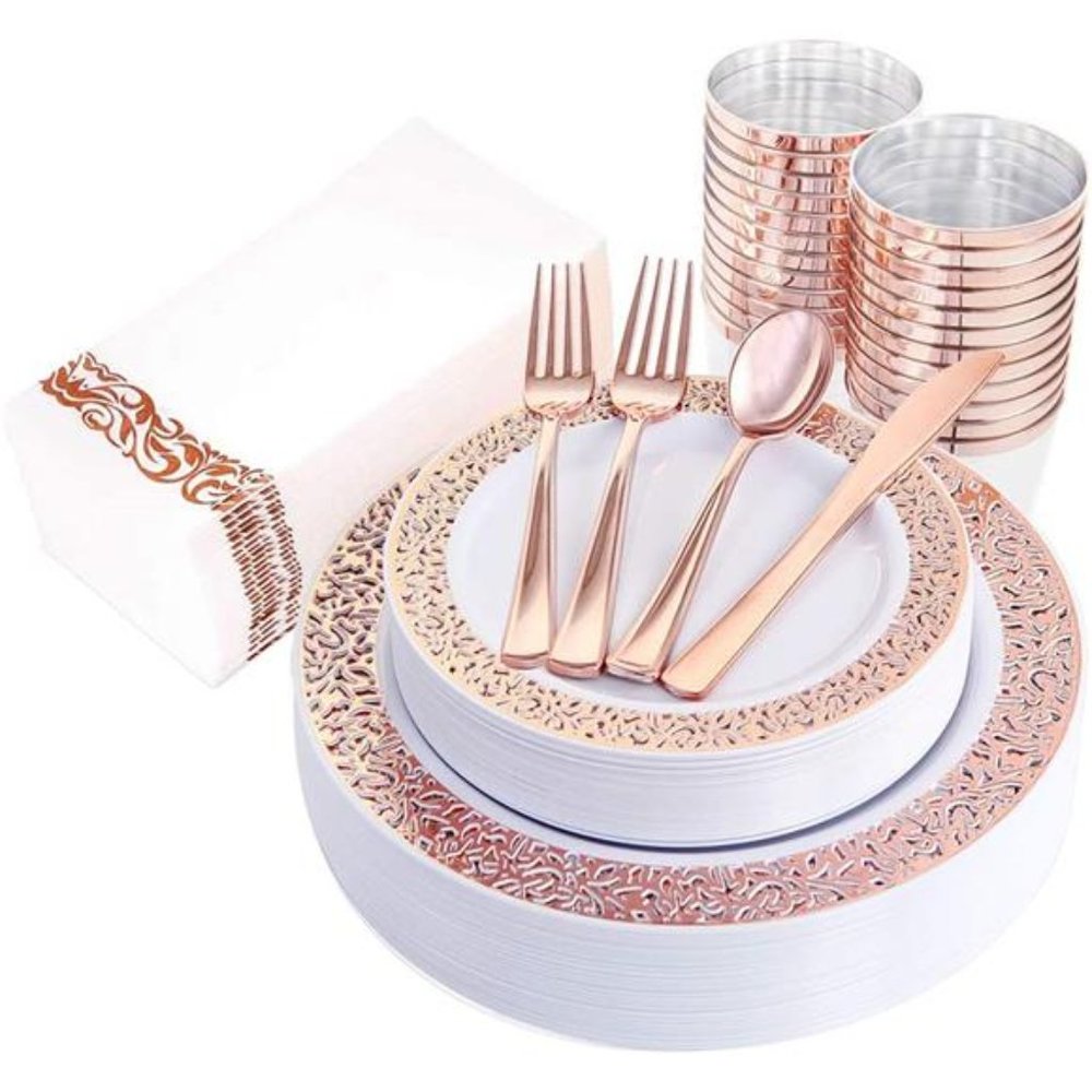 160PCS Disposable Rose Gold Plastic Dinnerware Set for Party